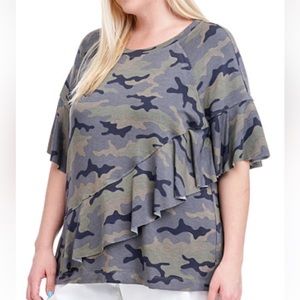 Fever Camo Print Ruffle Raw Hem Top Sz 2X-3X